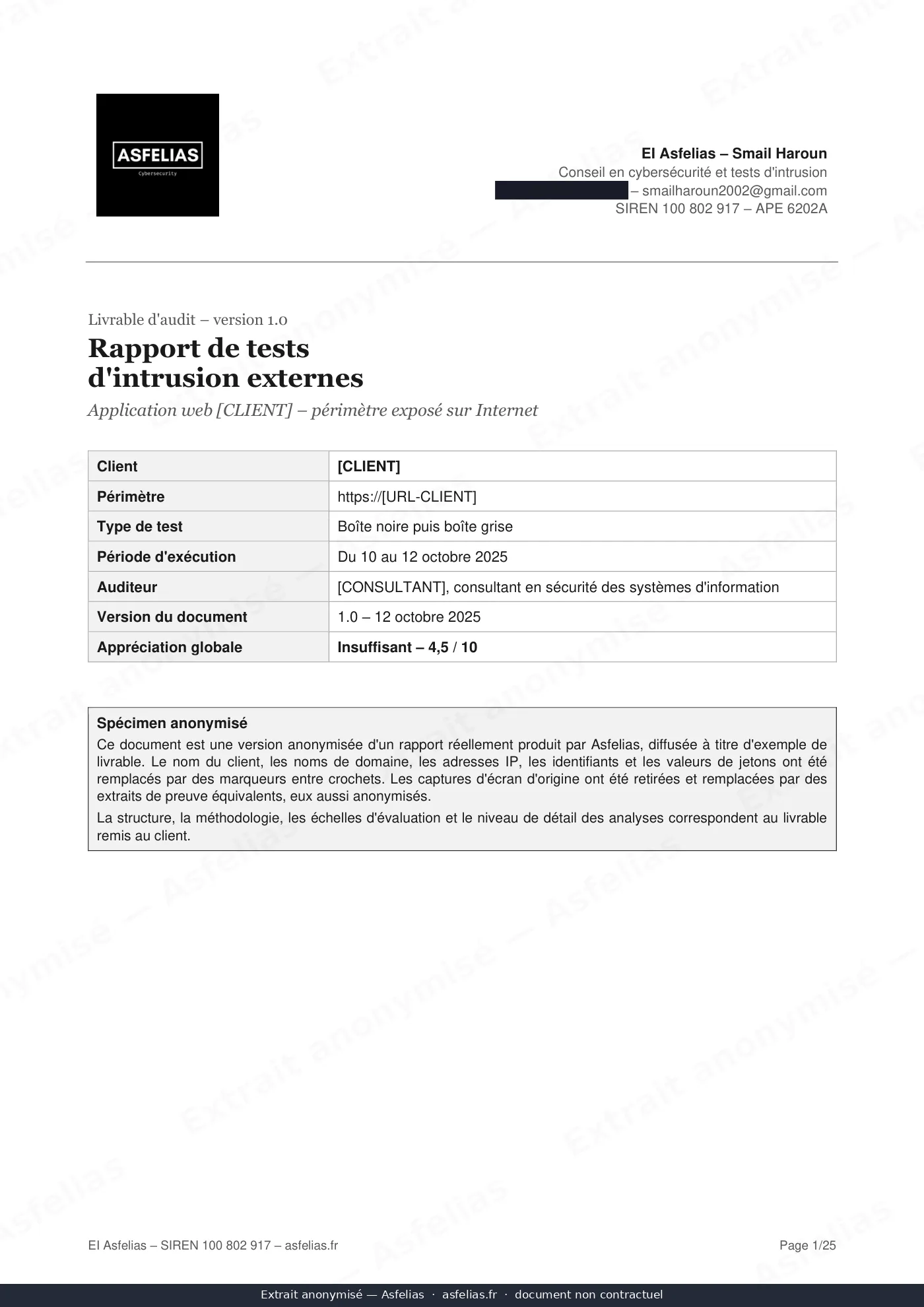 Page de garde d’un rapport de tests d’intrusion Asfelias, filigranée « Extrait anonymisé ».