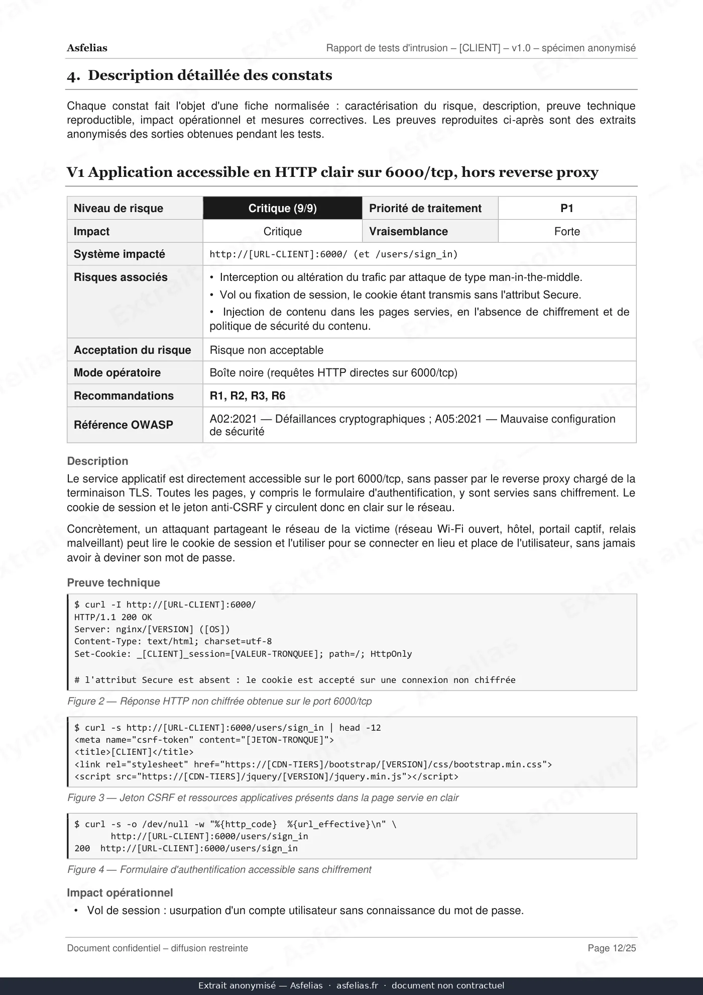 Fiche détaillée d’une vulnérabilité critique, avec tableau de risque et preuves techniques, filigranée « Extrait anonymisé ».